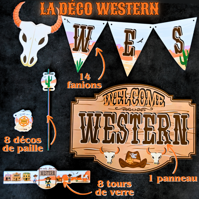 déco anniversaire Western en papier déco de paille fanions Western panneau et tours de verre