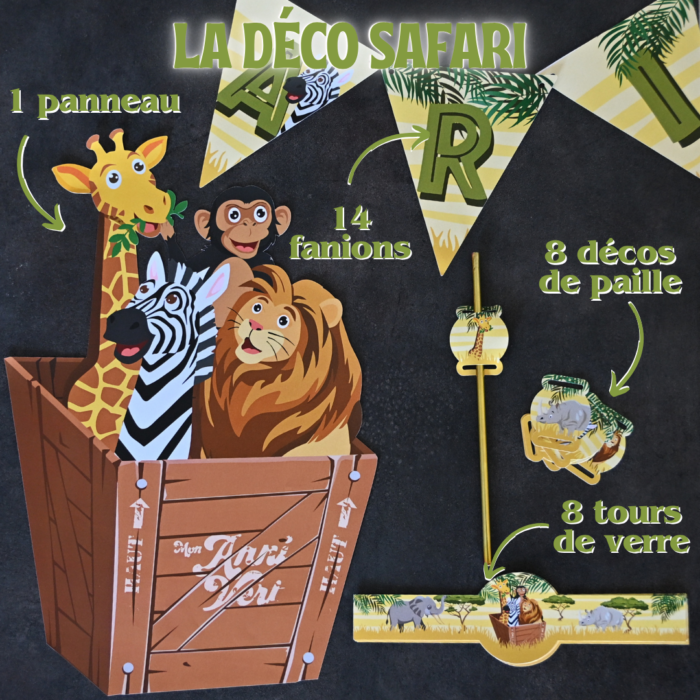 déco anniversaire Safari en papier déco de paille fanions Safari panneau et tours de verre